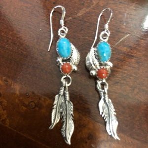 Native American Navajo Sterling Silver Coral/Turquoise Feather earrings